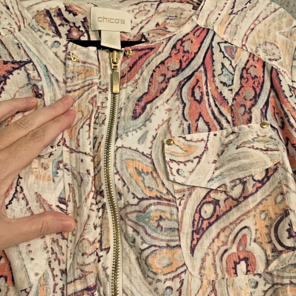 Chicos Women's 100% Linen Zip Up Jacket Paisley Lightweight Boho Size 2 Large - Picture 5 of 9